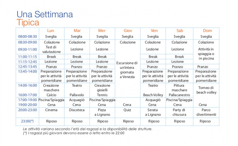 Programma settimana tipica programma Junior Summer Camp