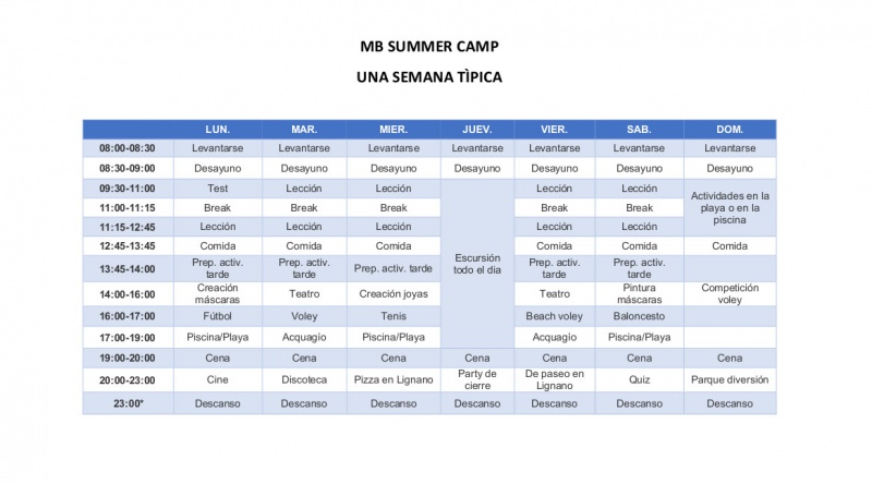 UNA SEMANA TIPICA - MB SUMMER CAMP