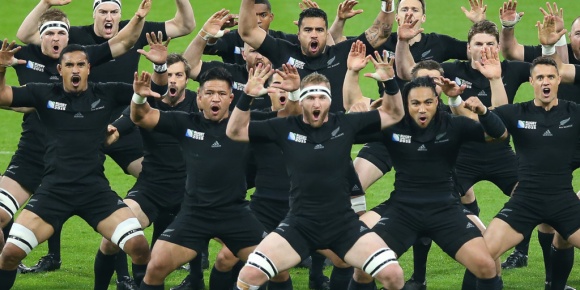NEWCASTLE, ENGLAND - OCTOBER  09:  New Zealand preform the Haka during the New Zealand and Tonga  Group C, Rugby World Cup match at St James Park on October 09, 2015 in Newcastle, England. (Photo by Ian MacNicol/Getty Images)